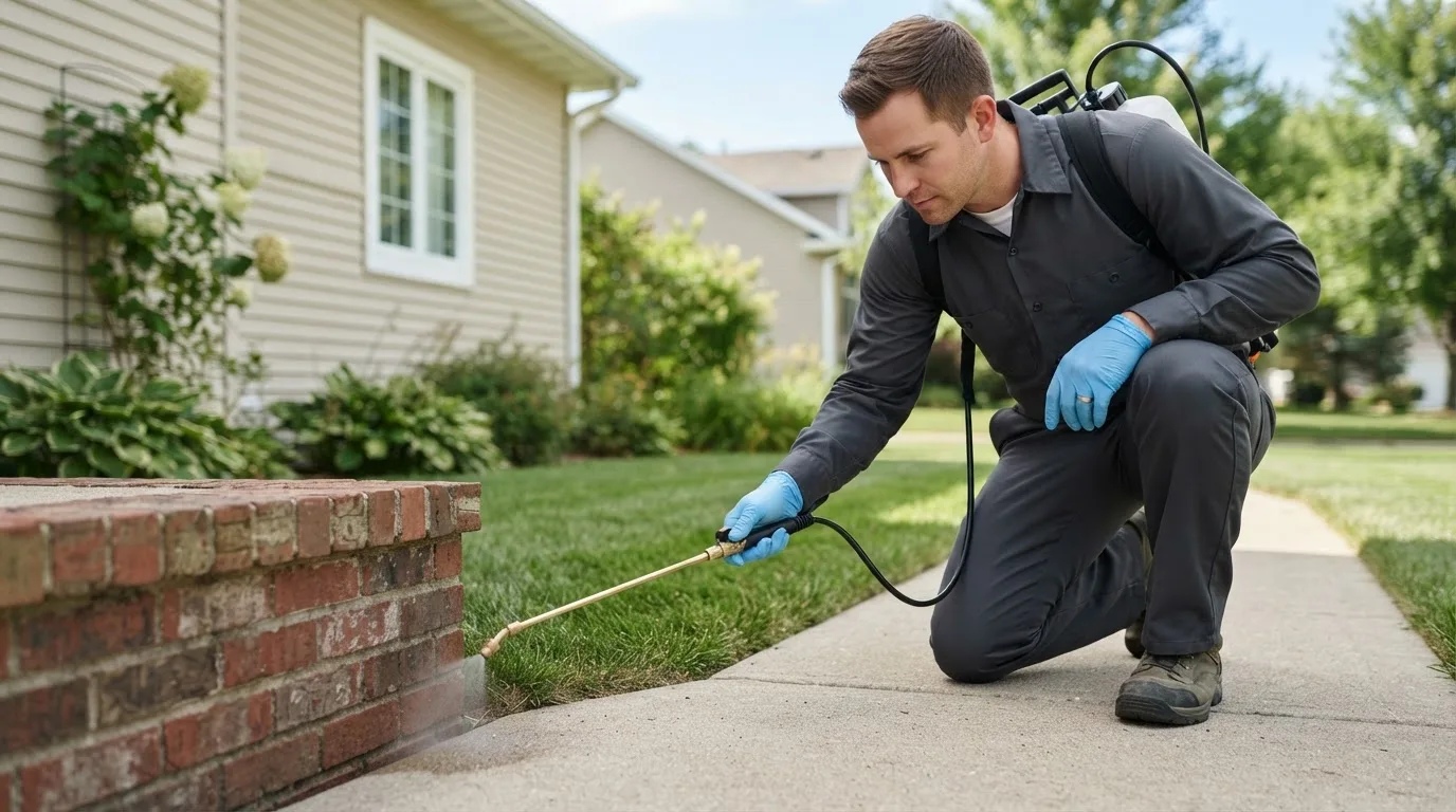 Pest control technician treating a home near Earlsboro, OK